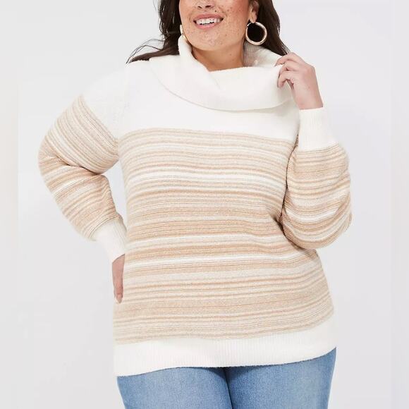 NWT Lane Bryant Cowlneck Striped Cozy Soft White Tan Warm Sweater Size 14/16 - Picture 1 of 13